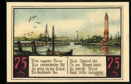 Notgeld Swinemünde, 75 Pfennig, Leuchtturm und Segelschiffe, Wappen mit rotem Greif