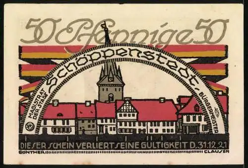 Notgeld Schöppenstedt 1921, 50 Pfennig, Wappen und Stadtansicht mit Häusern und Kirche