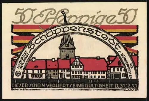 Notgeld Schöppenstedt 1921, 50 Pfennig, Stadtansicht mit Rathaus und Fachwerkhäusern