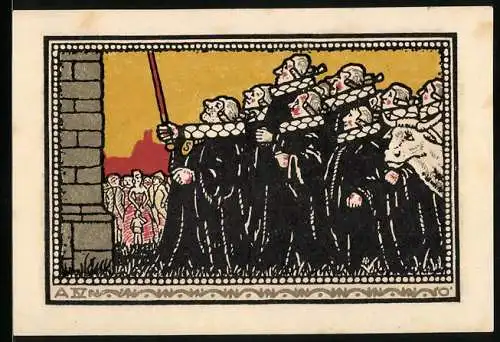 Notgeld Schöppenstedt 1921, 50 Pfennig, Stadtansicht und schwarze gekleidete Menschen mit Rind