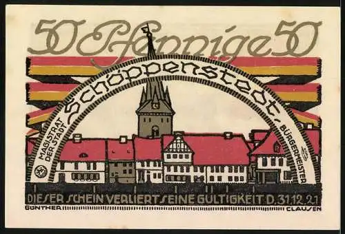 Notgeld Schöppenstedt 1921, 50 Pfennig, Stadtansicht und schwarze gekleidete Menschen mit Rind