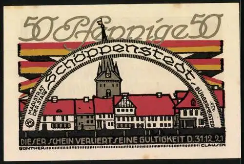 Notgeld Schöppenstedt 1921, 50 Pfennig, Stadtansicht und Gerichtsprozess