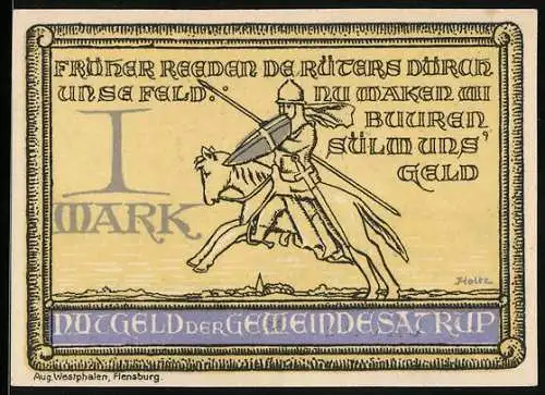 Notgeld Satrup, 1921, 1 Mark, Ritter auf Pferd, Wappen und Text