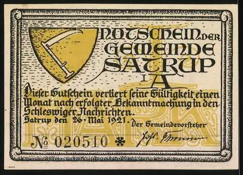 Notgeld Satrup, 1921, 1 Mark, Ritter auf Pferd, Wappen und Text