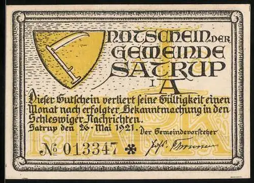 Notgeld Satrup 1921, 1 Mark, Reiter mit Lanze und Gemeindewappen