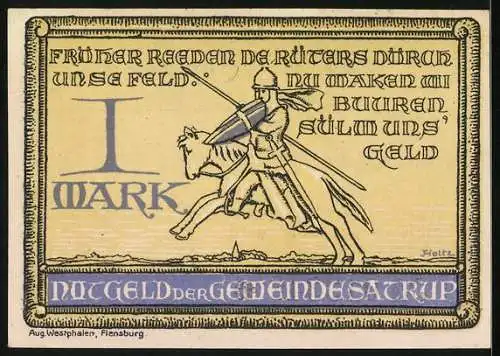 Notgeld Satrup 1921, 1 Mark, Reiter mit Lanze und Gemeindewappen
