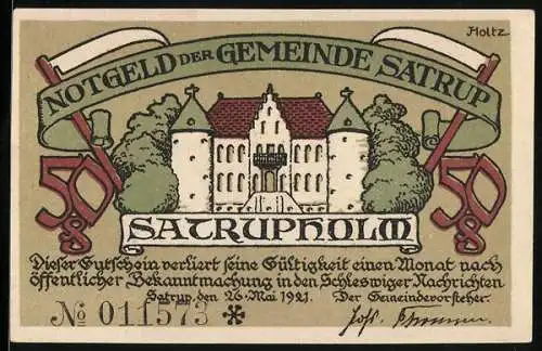 Notgeld Satrup, 1921, 50 Pfennig, Schloss Ansicht und Damen in historischer Kleidung