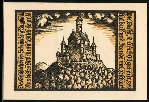 Notgeld Schalkau / Thüringen, 50 Pfennig, Darstellung von zwei Rittern mit Wappen und Burg