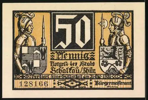 Notgeld Schalkau / Thüringen, 50 Pfennig, Darstellung von zwei Rittern mit Wappen und Burg