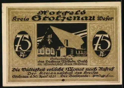 Notgeld Stolzenau an der Weser 1921, 75 Pfennig, Geburtsbau des Dichters Wilhelm Busch