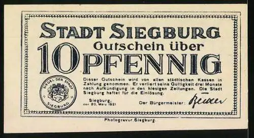 Notgeld Siegburg 1921, 10 Pfennig, Wappen und Darstellung eines Löwen und Engels