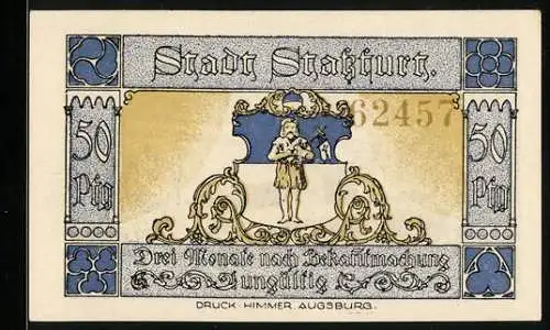 Notgeld Stassfurt, 1921, 50 Pfennig, Stadtwappen und historische Szene mit Soldaten