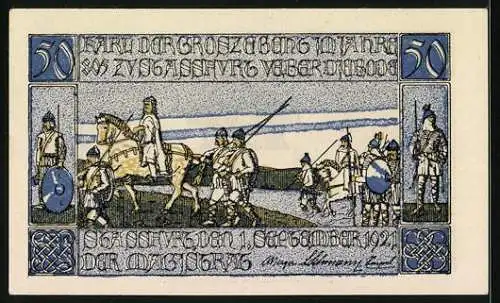 Notgeld Stassfurt, 1921, 50 Pfennig, Stadtwappen und historische Szene mit Soldaten