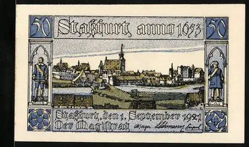 Notgeld Stassfurt 1921, 50 Pfennig, Stadtansicht mit Wappen und Ritter, blau und gelb, Druck Himmer Augsburg