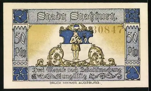 Notgeld Stassfurt 1921, 50 Pfennig, Stadtansicht mit Wappen und Ritter, blau und gelb, Druck Himmer Augsburg