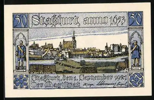 Notgeld Stassfurt 1921, 50 Pfennig, historische Stadtansicht und Mann mit Wappen