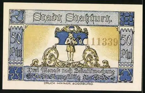 Notgeld Stassfurt 1921, 50 Pfennig, historische Stadtansicht und Mann mit Wappen