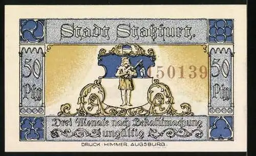 Notgeld Stassfurt, 1921, 50 Pfennig, Mittelalterliche Soldaten und Stadtwappen