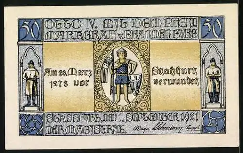 Notgeld Stassfurt, 1921, 50 Pfennig, historische Figuren und Schriftzüge in blau-gelb