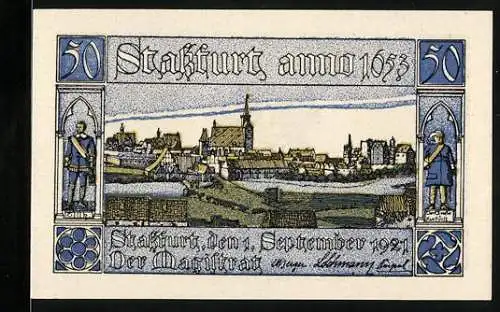 Notgeld Stassfurt, 1921, 50 Pfennig, historische Stadtansicht mit zwei Rittern und einem Musiker