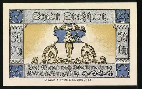 Notgeld Stassfurt, 1921, 50 Pfennig, historische Stadtansicht mit zwei Rittern und einem Musiker