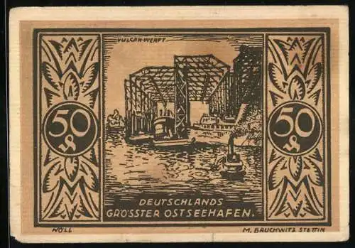 Notgeld Stettin 1921, 50 Pfennig, Deutschlands grösster Ostseehafen und Ersatzwertzeichen