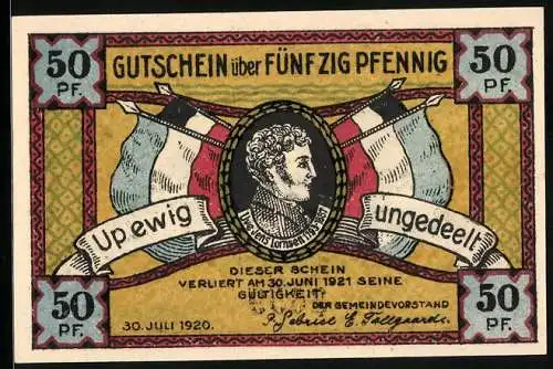 Notgeld Steinfeld 1920, 50 Pfennig, mit Abbildung von Notabel und historischen Motiven