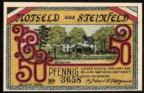 Notgeld Steinfeld 1920, 50 Pfennig, Goldacker Illustration und Urnenstätte Cholacker