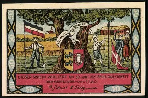 Notgeld Gemeinde Steinfeld, 1920, 50 Pf, Gutscheinschein mit Flaggen und Segelschiff, Rückseite mit Baum und Wappen