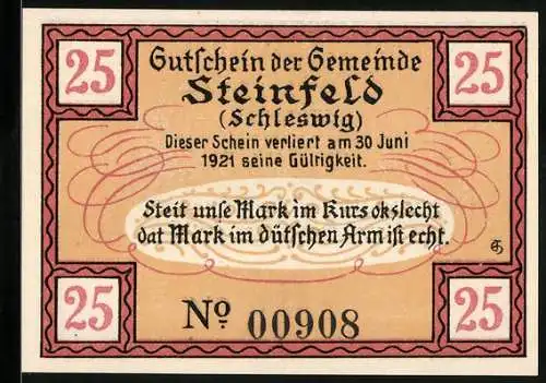 Notgeld Steinfeld (Schleswig) 1920, 25 Pfennig, Gutschein der Gemeinde, Landschaft mit Windmühle