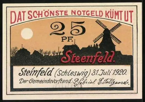 Notgeld Steinfeld (Schleswig) 1920, 25 Pfennig, Gutschein der Gemeinde, Landschaft mit Windmühle