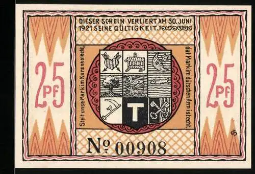 Notgeld Steinfeld 1920, 25 Pf, Gutscheinschein der Gemeinde mit Stadtansicht und Wappen