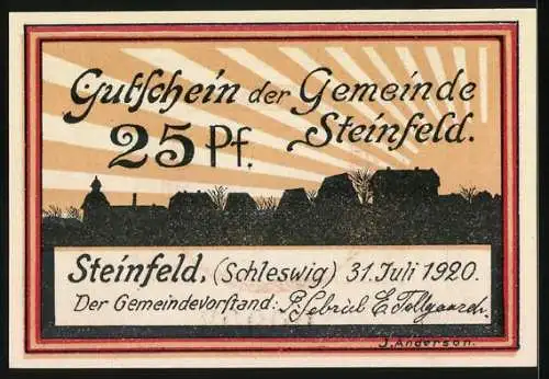 Notgeld Steinfeld 1920, 25 Pf, Gutscheinschein der Gemeinde mit Stadtansicht und Wappen