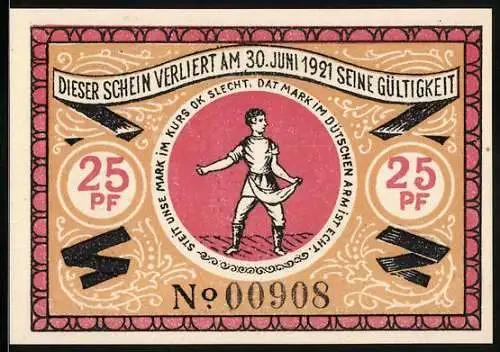 Notgeld Steinfeld, 1920, 25 Pf, Gutschein der Gemeinde, Junge in traditioneller Kleidung, Baum und Wappen