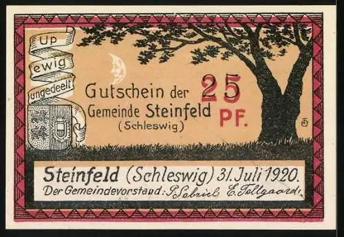 Notgeld Steinfeld, 1920, 25 Pf, Gutschein der Gemeinde, Junge in traditioneller Kleidung, Baum und Wappen