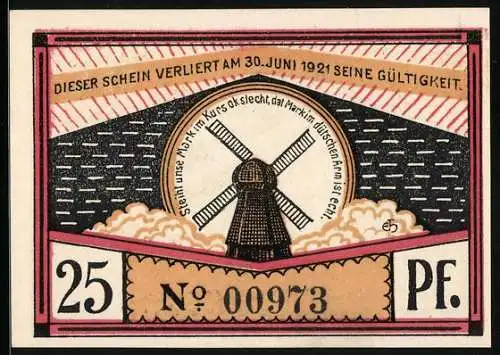 Notgeld Steinfeld 1920, 25 Pf, Windmühle und Bauer mit Pferden