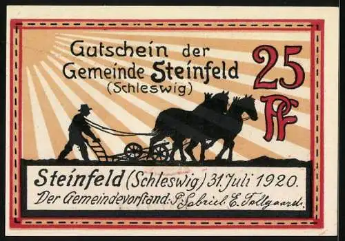 Notgeld Steinfeld 1920, 25 Pf, Windmühle und Bauer mit Pferden