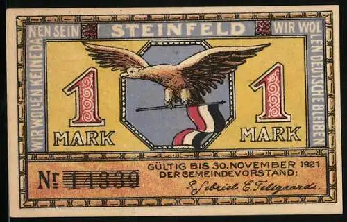 Notgeld Steinfeld 1921, 1 Mark, Adler und Pflugszene mit Bauer und Pferd
