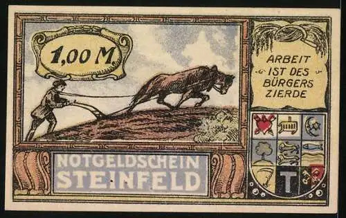 Notgeld Steinfeld 1921, 1 Mark, Adler und Pflugszene mit Bauer und Pferd