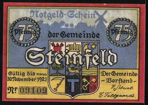 Notgeld Steinfeld, 1921, 75 Pf, Beschirm uns Gott vor Wohnungsnot, Wappenschild und Gemeindevorstand-Signaturen