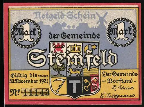 Notgeld Steinfeld 1921, 1 Mark, Wappen und Mann mit Regenschirm