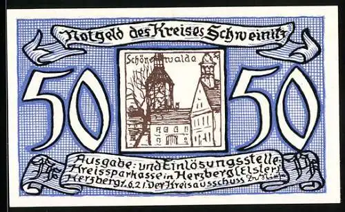 Notgeld Herzberg / Elster Kreis Schweinitz, 1921, 50 Pfennig, Stadtansicht Schönwalde und Mönch bei Kerzenschein