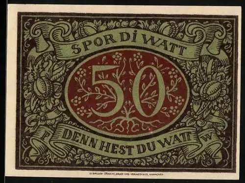 Notgeld Schneverdingen, 1921, 50 Pfennig, kunstvolle Gestaltung mit Handwerker und Blumenmotiv