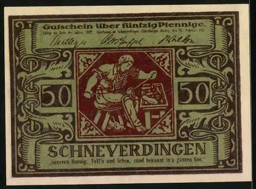 Notgeld Schneverdingen, 1921, 50 Pfennig, kunstvolle Gestaltung mit Handwerker und Blumenmotiv