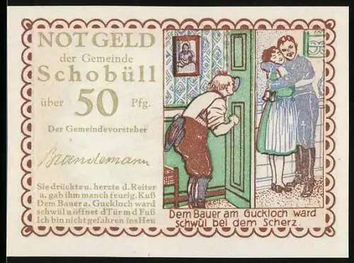 Notgeld Schobüll, 50 Pfennig, Bauer am Guckloch und verziertes Herzmotiv