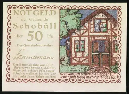 Notgeld Schobüll, 50 Pfennig, Bauer mit Fachwerkhaus und Gedicht