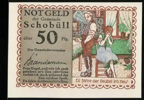 Notgeld Schobüll, 50 Pfennig, Es fahre der Deubel ins Heu!