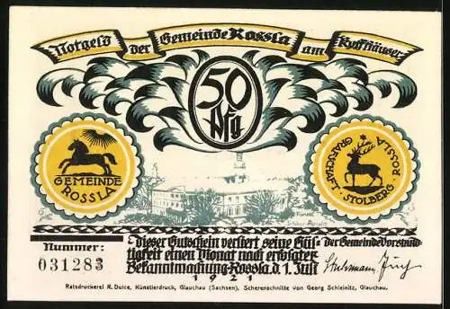 Notgeld Rossla 1921, 50 Pf, Gemeinde Rossla und Hirsch im Wappen