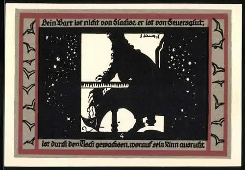 Notgeld Rossla 1921, 50 Pfennig, Schwarze Silhouette eines Mannes mit Bart und Gebäudemotiv