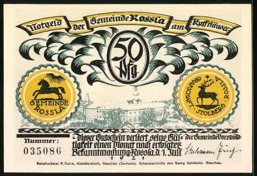 Notgeld Rossla 1921, 50 Pf, Kaiser auf Marmorthron und Wappen der Gemeinde Rossla